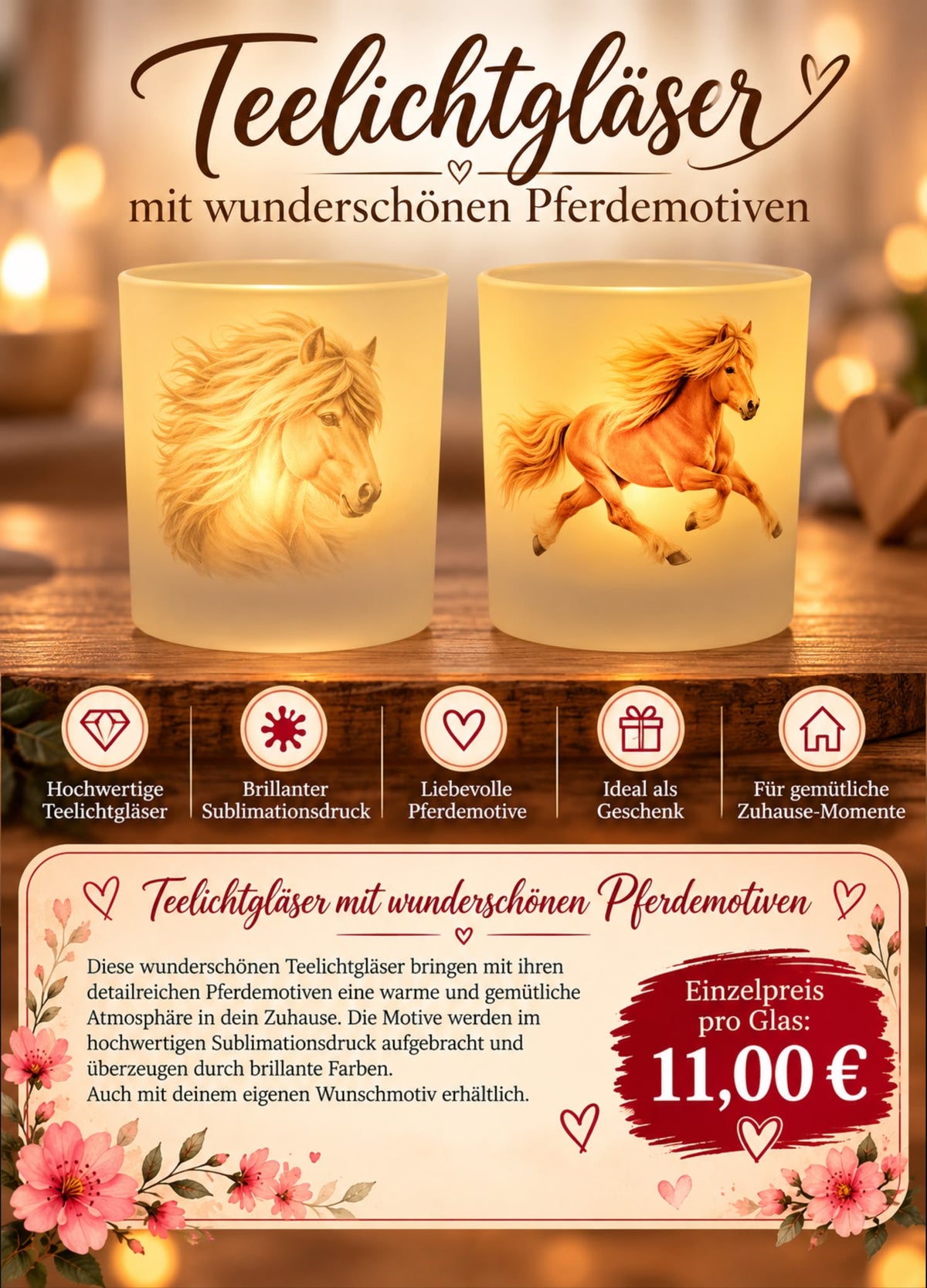 Teelichtglas/ personalisiertes Pferdemotiv
