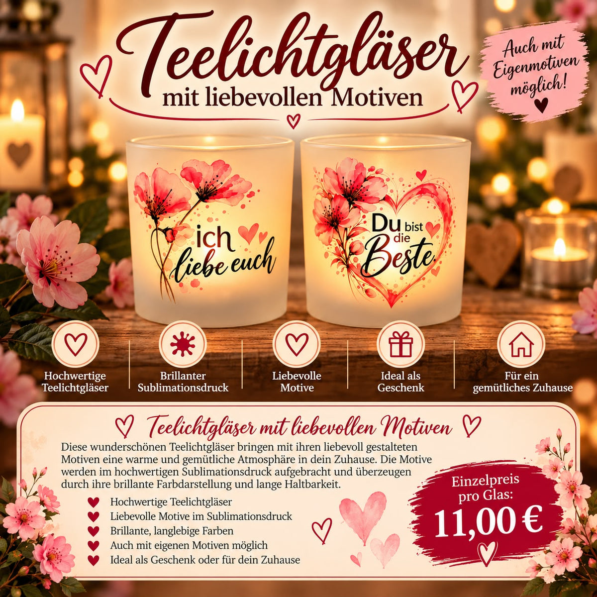 Milchglas-Teelichtglas mit Motiv