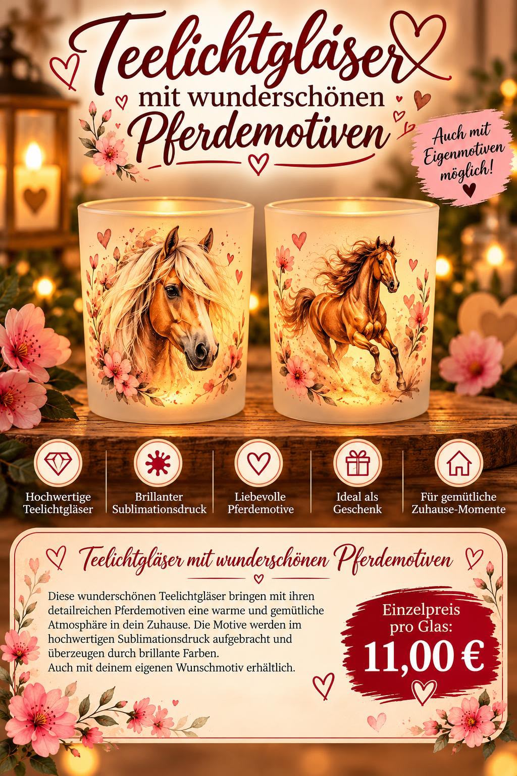 Teelichtglas/ personalisiertes Pferdemotiv Blumenranke
