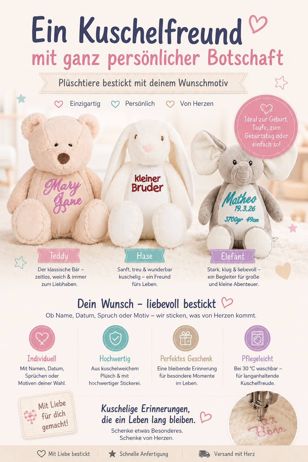 Kuscheltier mit individueller Bestickung
